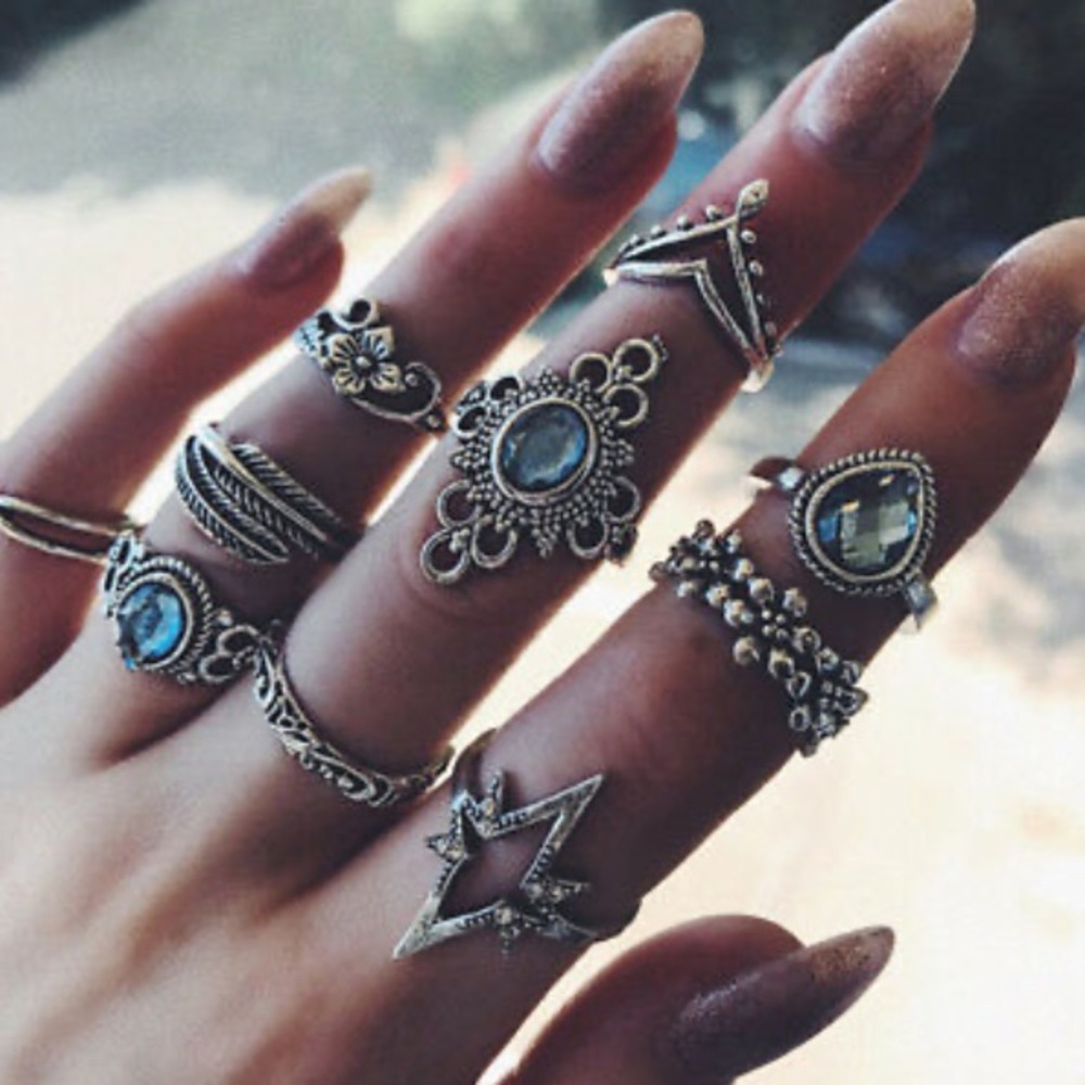 Women Blue Crystal Flower Rings Set - Picture 6 of 6